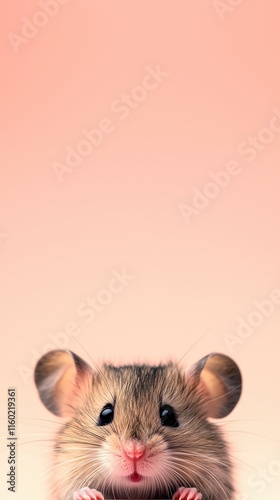Mouse with Big Eyes and Whiskers Peeking Over Edge on Soft Peach Background – Minimalist Animal Portrait