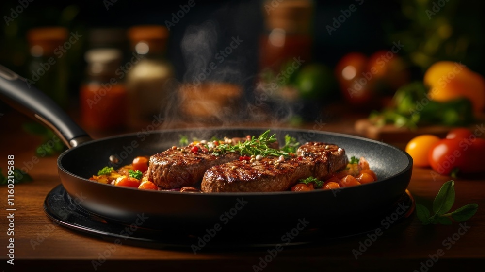 Fototapeta premium Sizzling Steak in a Pan with Fresh Herbs. Generative AI