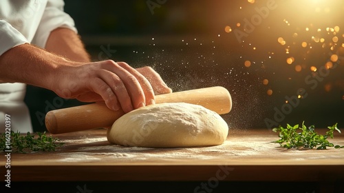 Chef Rolling Dough in a Rustic Kitchen. Generative AI photo