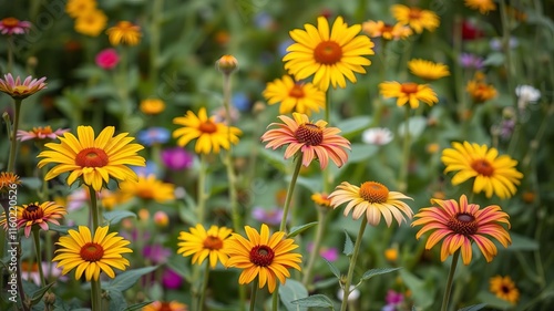 Wild sunflower blossoms in full bloom with vibrant yellow petals against a rustic background, nature, beauty photo