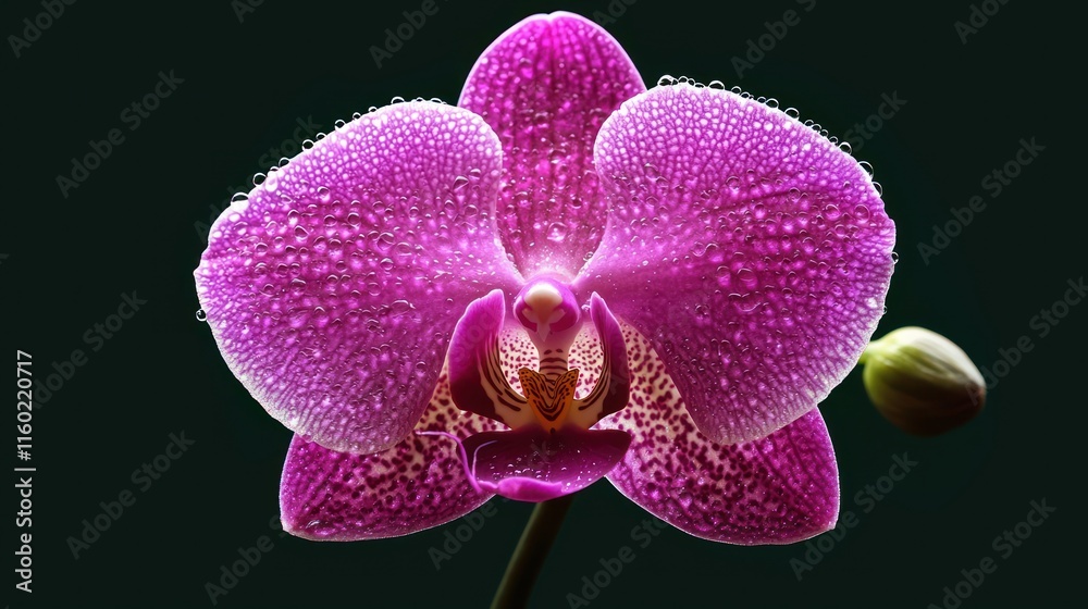 Pink orchid flower with dew drops on petals against dark background. Pink orchid flower with dew drops on petals against dark background.