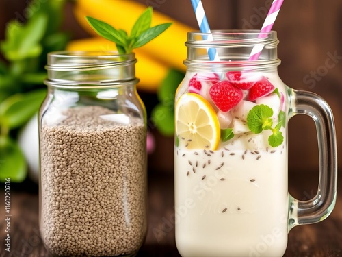 Woman holding mason jar filled with water and chia seeds against light background, healthconscious, mason jar photo