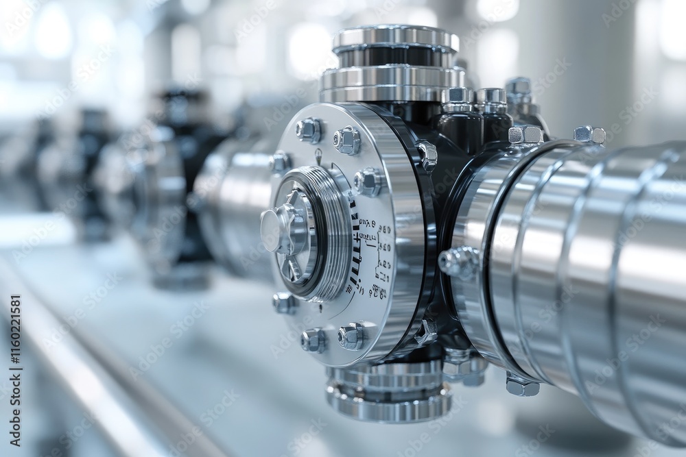 Fototapeta premium Industrial pipes with valves and gauges measuring pressure and flow in a factory setting