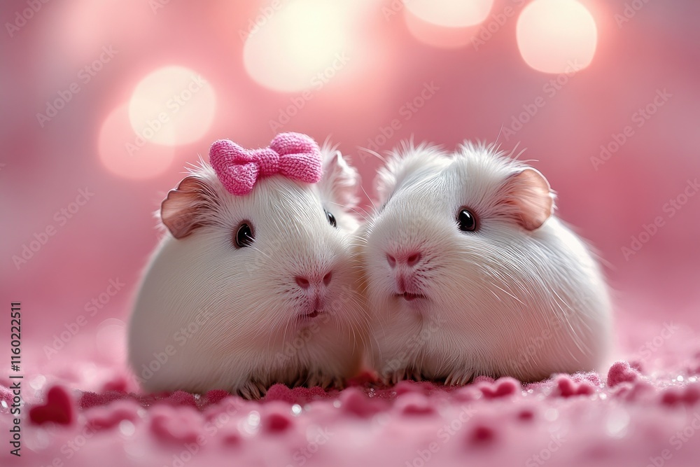 Two adorable guinea pigs showing love on valentine's day with pink bow