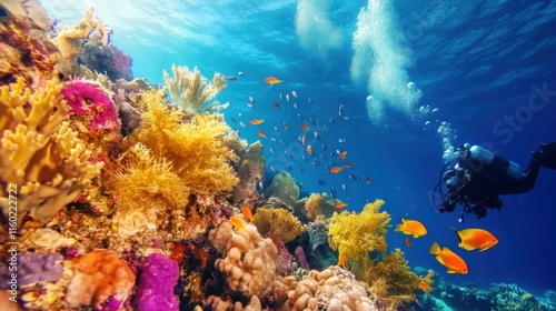 A thrilling scuba diving adventure amidst a vibrant coral reef, Diving equipment against colorful marine life, Underwater exploration style
