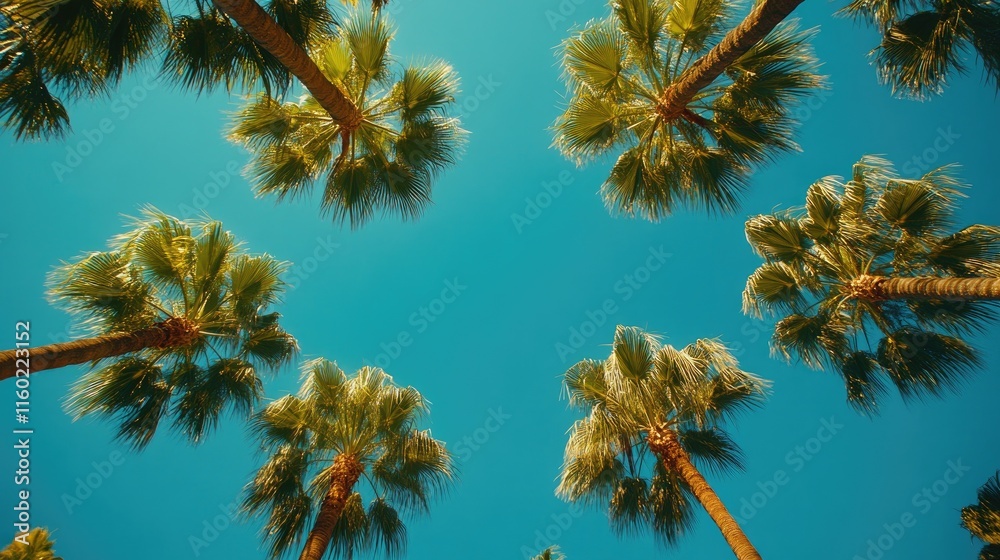 Palm trees swaying gently against vibrant blue sky Palm trees swaying gently against vibrant blue sky