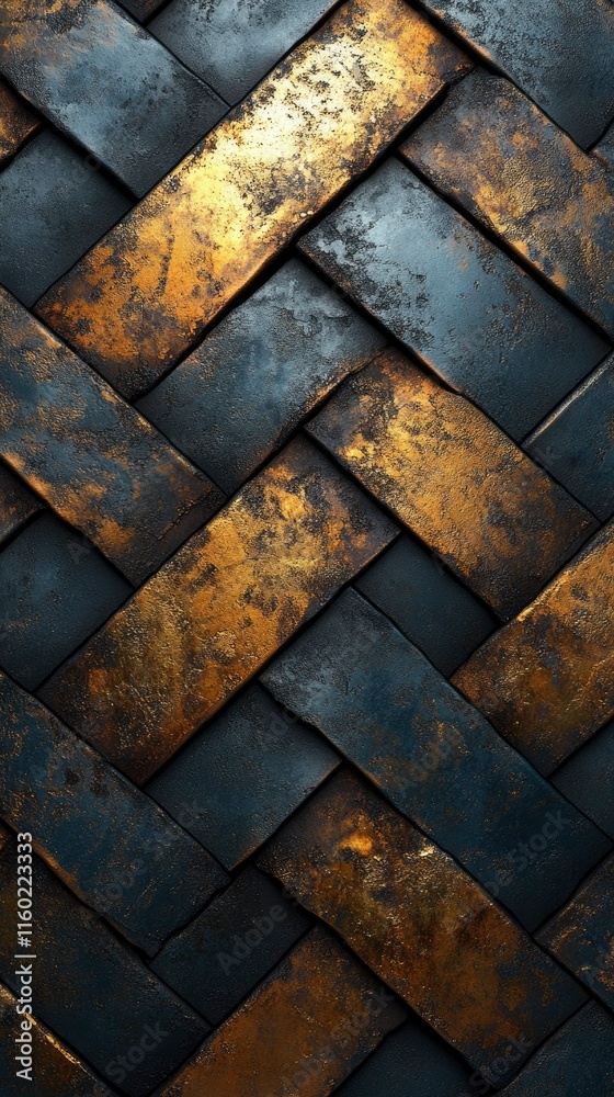 Abstract Herringbone Pattern of Dark Metal and Gold Accents Abstract Herringbone Pattern of Dark Metal and Gold Accents