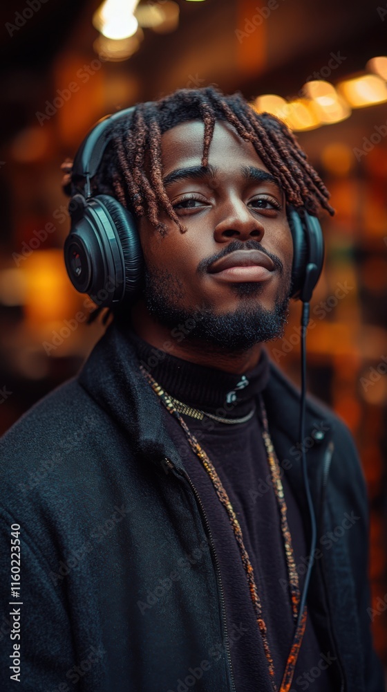Obraz premium Confident Black male enjoying music with headphones in an urban setting, exuding a relaxed vibe.