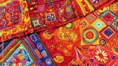 Vibrant embroidered textile fabrics in red, orange, and yellow.