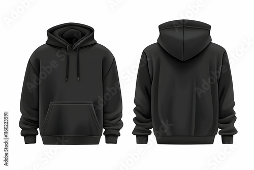 A mockup of a black hoodie, isolated on a white background with front and back views, designed to highlight product features in high resolution. photo