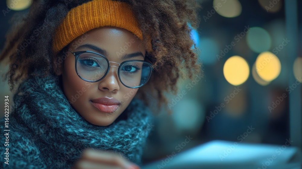 Young Black woman in stylish glasses, wrapped in a cozy scarf, reading indoors with soft bokeh lights in the background. Young Black woman in stylish glasses, wrapped in a cozy scarf, reading indoors with soft bokeh lights in the background.