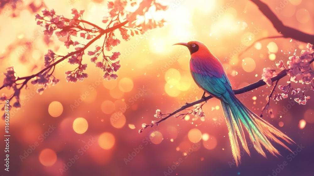 Fototapeta premium Colorful bird perched on a flowering branch at sunset.