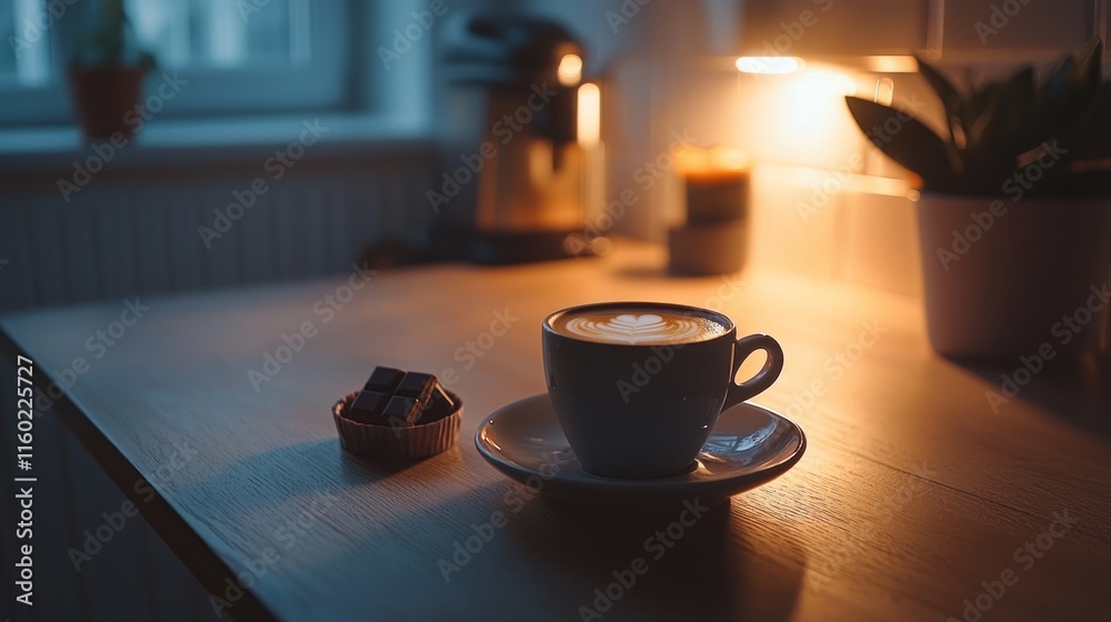Cozy evening latte and chocolate on wooden table. Cozy evening latte and chocolate on wooden table.