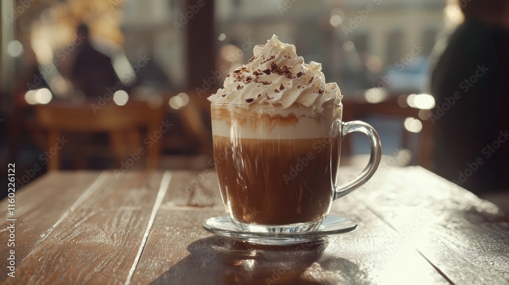 Coffee drink with whipped cream in a glass cup on wooden table. Coffee drink with whipped cream in a glass cup on wooden table.
