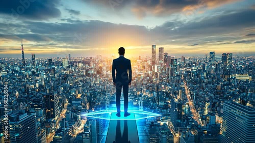 Standing at the edge of a city skyline during sunset, a man looks towards future possibilities and opportunities with hope