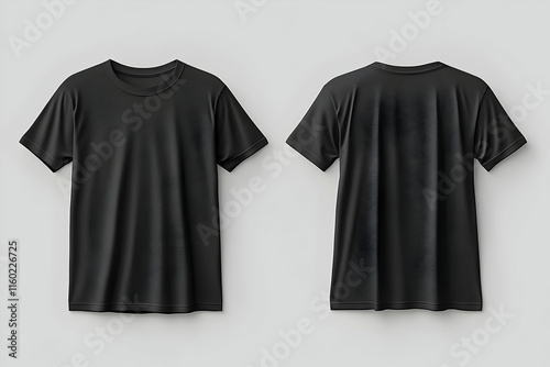Professional black t-shirt vector illustration with front and back views, isolated on a gray background, ready for design mockups.