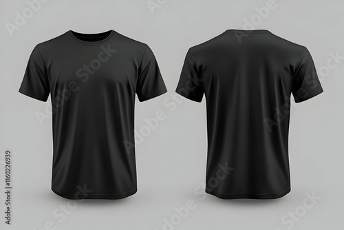 Detailed vector mockup of a black t-shirt front and back view, isolated on a grey background with clipping path for design use.