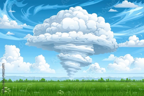 Tornado formation event open field digital art scenic landscape aerial view weather phenomenon
