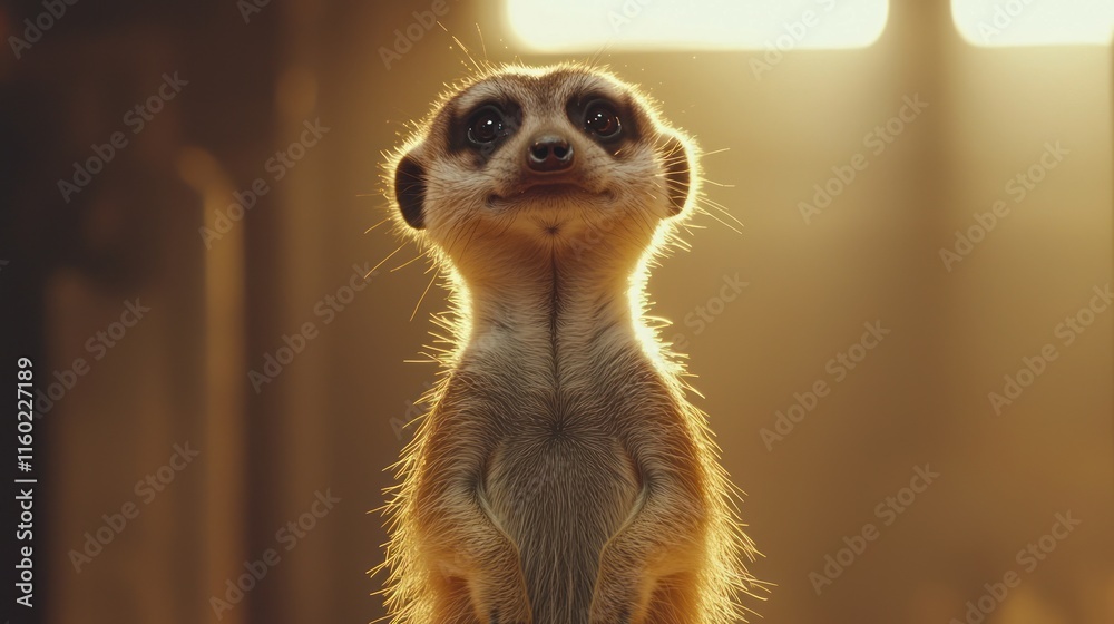 Fototapeta premium Cute meerkat standing, backlit by warm light.