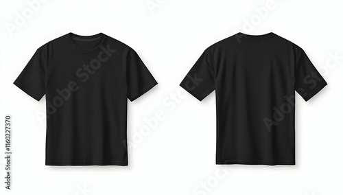 Black t-shirt front and back mockup on a white background for design concepts and fashion presentations. photo