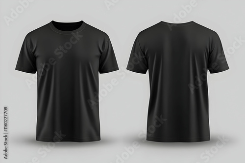 Mockup of a black t-shirt with front and back views, isolated on a grey background, designed for apparel print and fashion use.