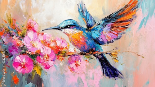 Vibrant hummingbird in flight near pink blossoms.