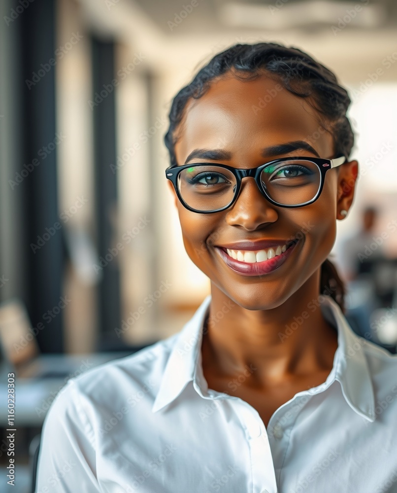 Obraz premium Confident Young Woman with Glasses Smiling in Modern Office Environment