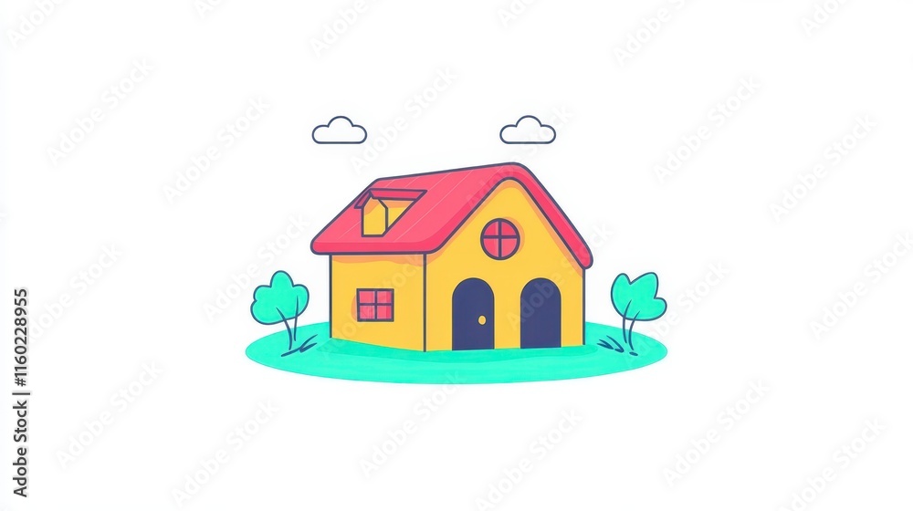 A colorful, cartoonish house surrounded by greenery and clouds, featuring a red roof and yellow walls, symbolizing a cozy home. A colorful, cartoonish house surrounded by greenery and clouds, featuring a red roof and yellow walls, symbolizing a cozy home.