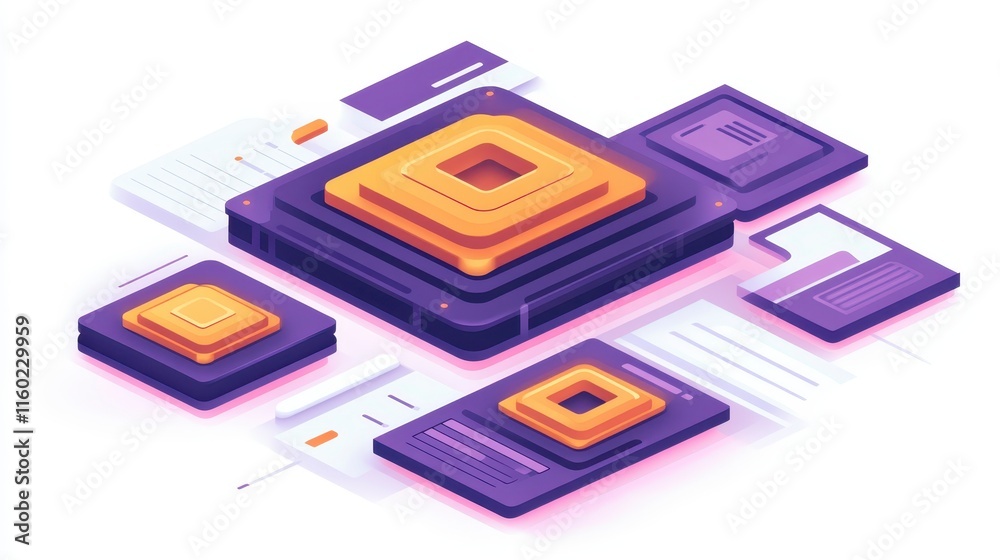 A vibrant digital design featuring layered geometric shapes in purple, orange, and white, representing modern technology and connectivity. A vibrant digital design featuring layered geometric shapes in purple, orange, and white, representing modern technology and connectivity.