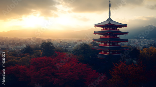 Stunning View of a Vibrant Red Pagoda Amidst Autumn Foliage Overlooking a Cityscape During Twilight : Generative AI