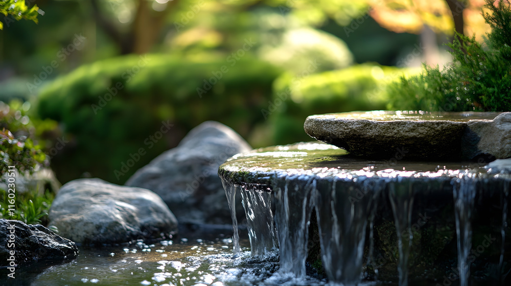 Serene garden fountain with gentle cascading water and smooth stones in lush natural setting : Generative AI Serene garden fountain with gentle cascading water and smooth stones in lush natural setting : Generative AI