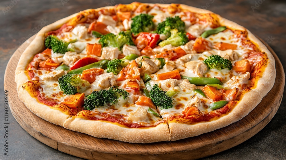 A delicious veggie pizza topped with colorful vegetables, cheese, and a golden crust, presented on a wooden board. A delicious veggie pizza topped with colorful vegetables, cheese, and a golden crust, presented on a wooden board.
