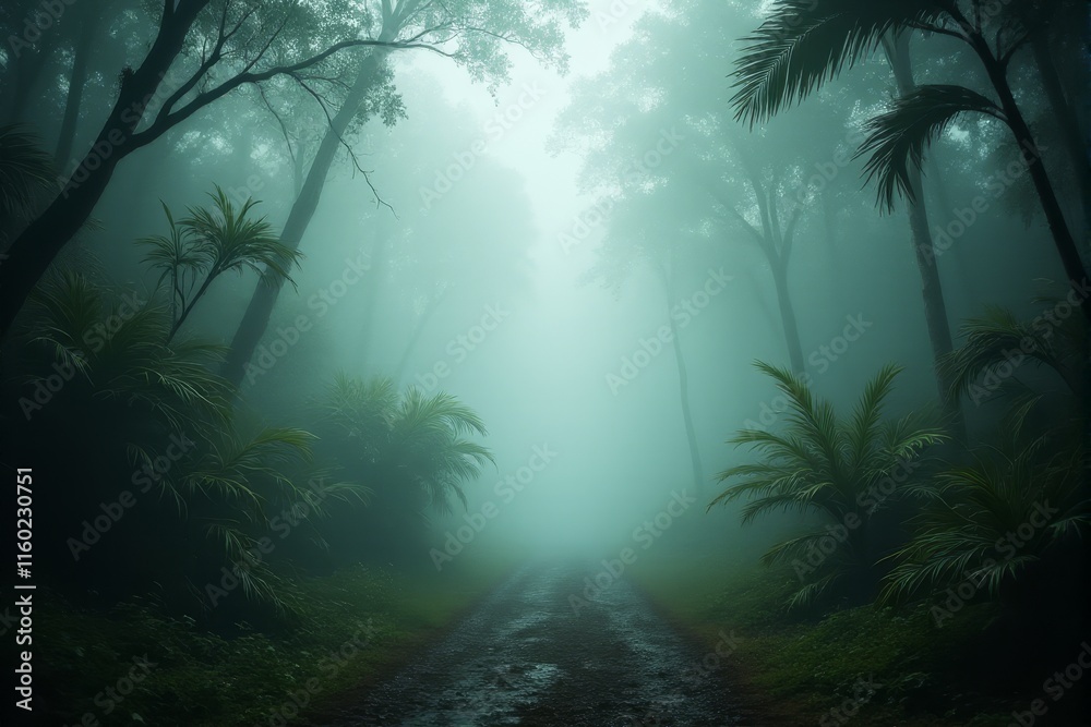 Dense fog creeping through a jungle with exotic wildlife Dense fog creeping through a jungle with exotic wildlife