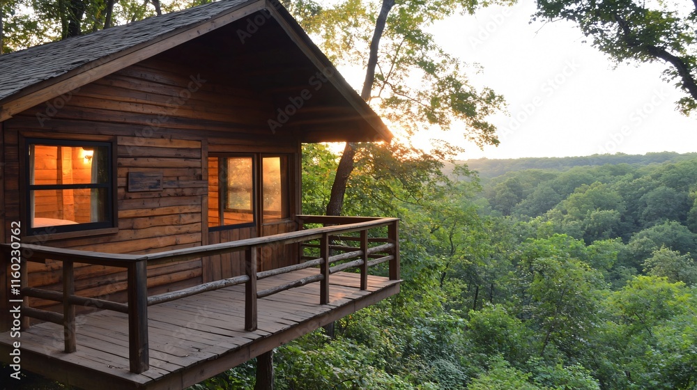 A cozy wooden treehouse overlooking a lush green landscape, bathed in warm sunlight during sunset. A cozy wooden treehouse overlooking a lush green landscape, bathed in warm sunlight during sunset.