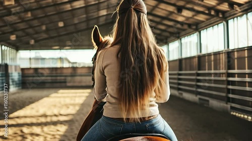 Female Equestrian Enjoys a Beautiful Horse Ride Inside a Spacious Indoor Arena photo