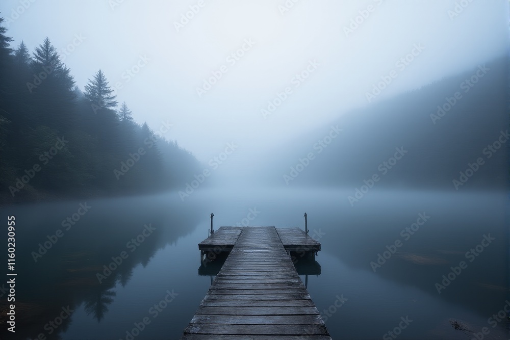 Fototapeta premium A quiet dock extending into a fog covered forest pond