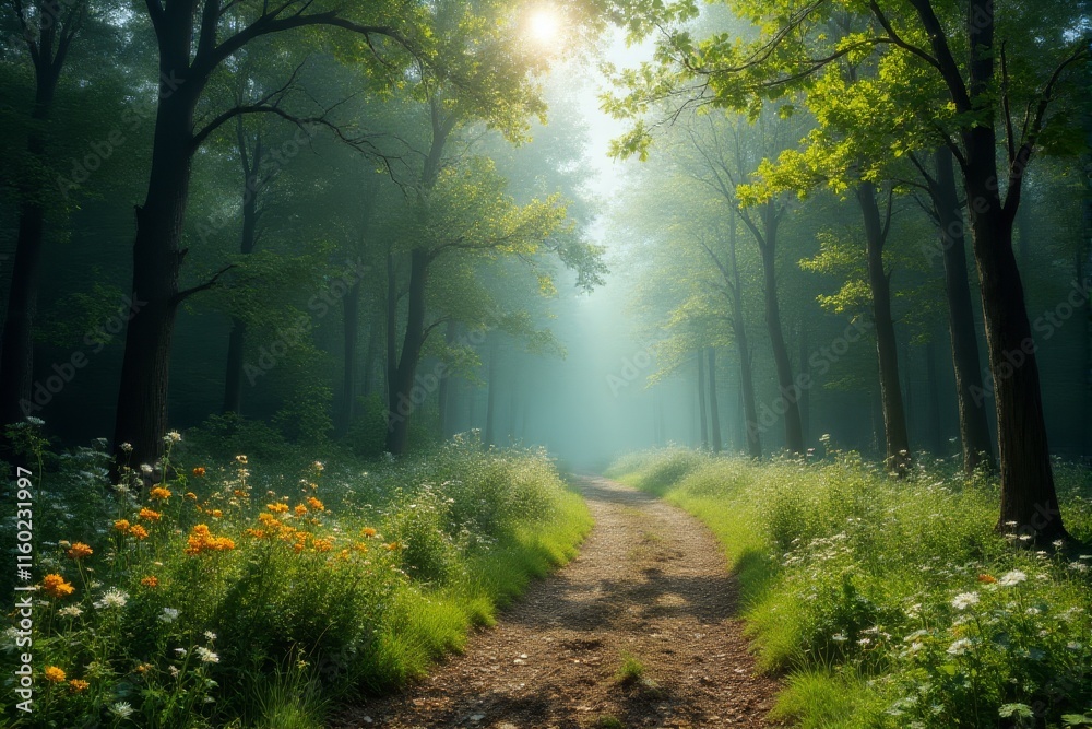 Fototapeta premium Pathway lined with wildflowers disappearing into forest fog