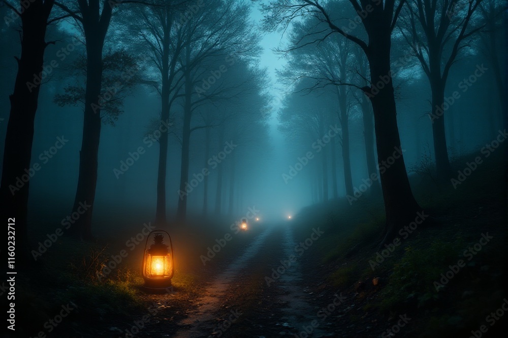 A glowing lantern illuminating a foggy forest path A glowing lantern illuminating a foggy forest path