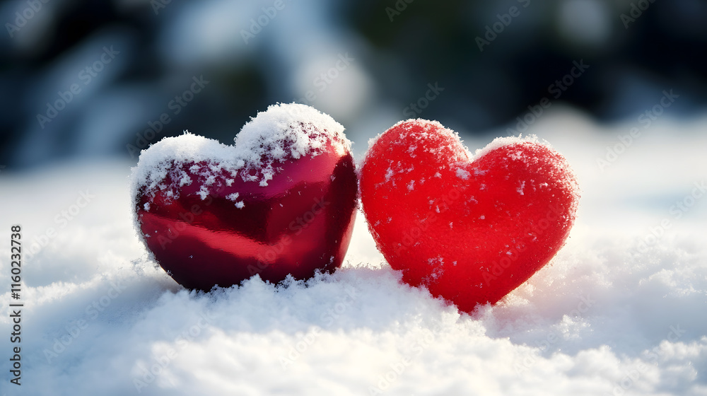 Fototapeta premium Two Colorful Hearts Covered in Snow Symbolizing Love and Warmth in Cold Winter Months : Generative AI