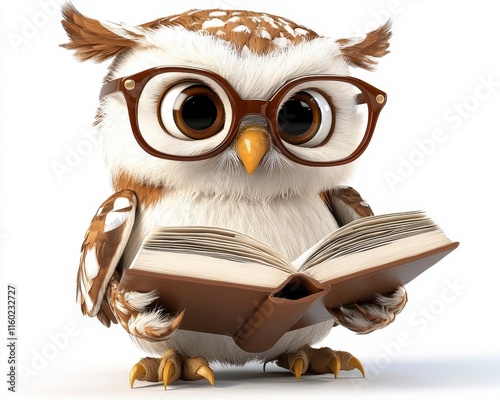 Cute cartoon owl wearing glasses reading a book, whimsical and educational theme photo