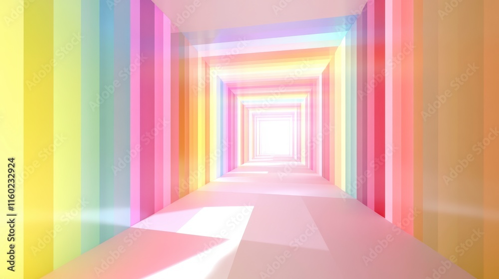 Fototapeta premium A vibrant, colorful tunnel with gradient hues creates a whimsical, light-filled pathway, evoking feelings of joy and creativity.