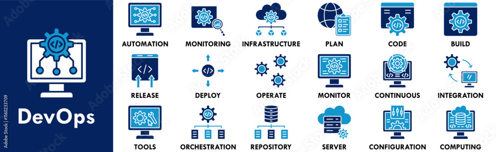 DevOps icon collection set. Containing design development, business, technology, agile, software DevOps icon collection set. Containing design development, business, technology, agile, software