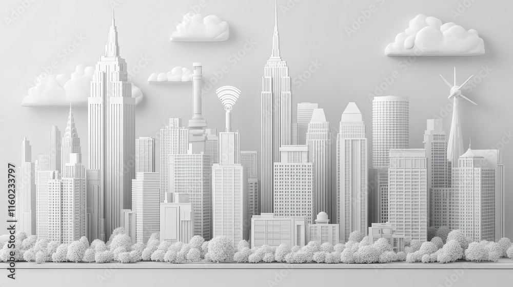 Naklejka premium A minimalistic white city skyline featuring iconic skyscrapers and clouds, showcasing modern architecture and urban design.