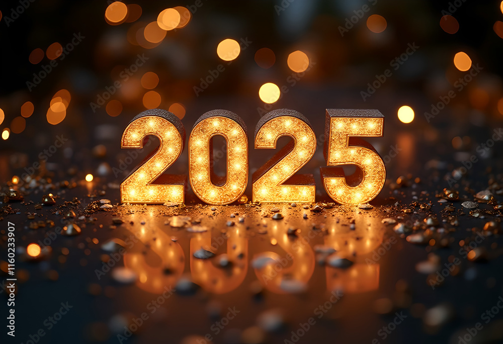 2025 New Year's lights gold on shiny floor in dark scene and light bokeh background with glowing number 2025, Happy New Year concept for 2025 2025 New Year's lights gold on shiny floor in dark scene and light bokeh background with glowing number 2025, Happy New Year concept for 2025