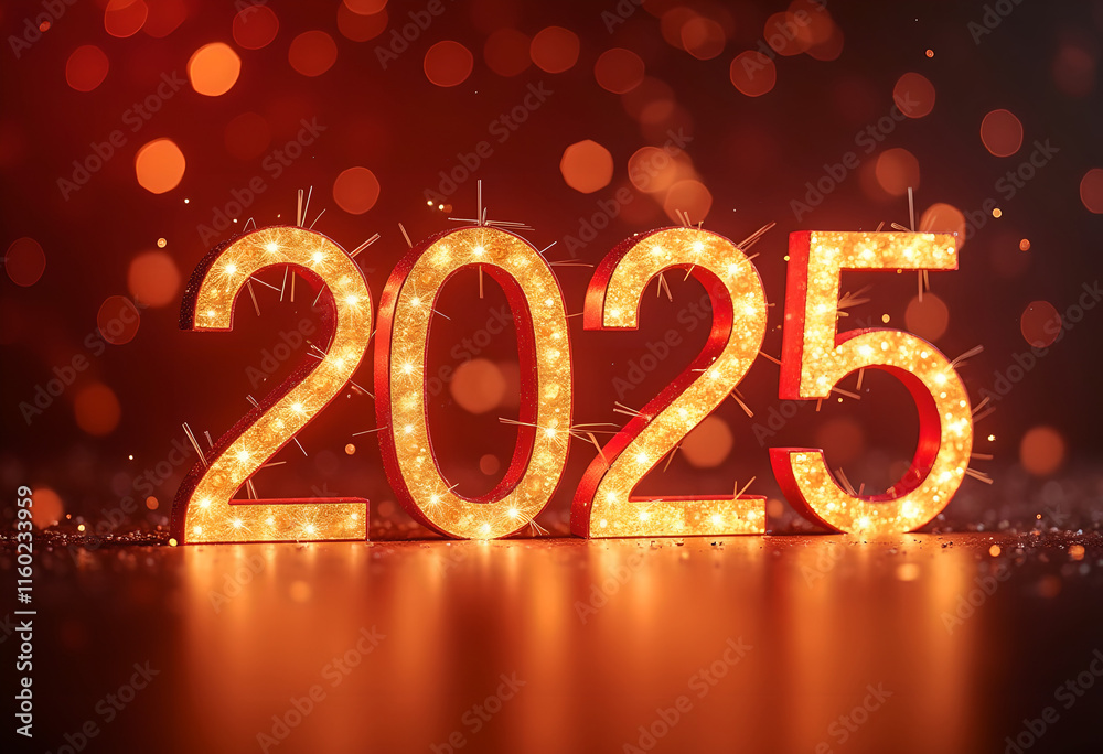 2025 New Year's ornament firework and red color light bokeh in dark scene background with glowing number 2025, Happy New Year concept for 2025 2025 New Year's ornament firework and red color light bokeh in dark scene background with glowing number 2025, Happy New Year concept for 2025
