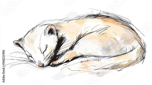 Watercolor sketch of a sleeping weasel.