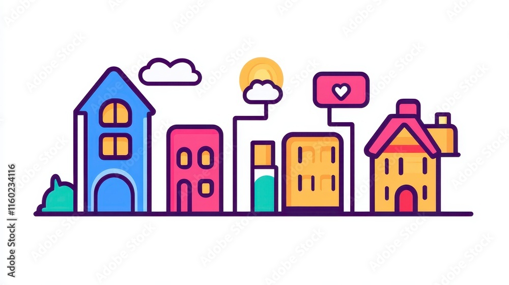 A colorful illustration of various stylized houses with clouds and a sun, creating a cheerful urban scene. A colorful illustration of various stylized houses with clouds and a sun, creating a cheerful urban scene.