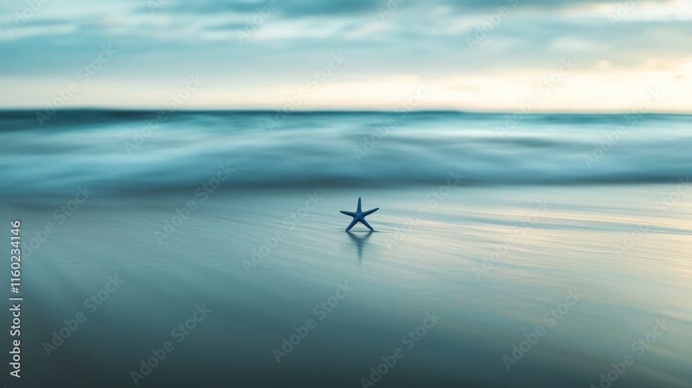 Fototapeta premium Lone starfish on a tranquil beach at sunset.