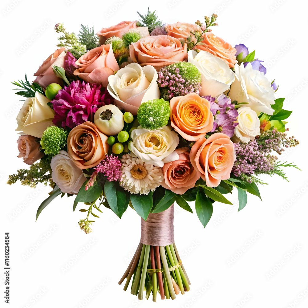 Fototapeta premium A luxurious wedding bouquet features a variety of blooms, including roses, orchids, and peonies, arranged in an elegant composition.