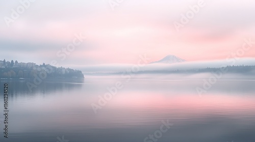 Misty sunrise over calm lake with mountain.